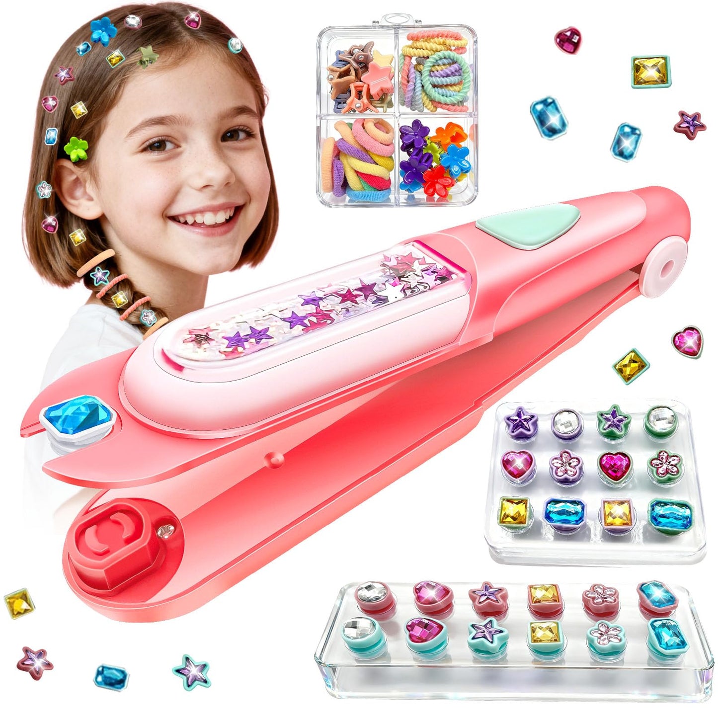 CLRDZN Hair Gem Stamper Kit,Hair Ties and Hair Clips Bling Hair Jewels for Girls Toys, Hair Styling Tool with Reusable Shining Diamonds, Birthday Gifts Toys for Girls Ages 3 4 5 6 8-12