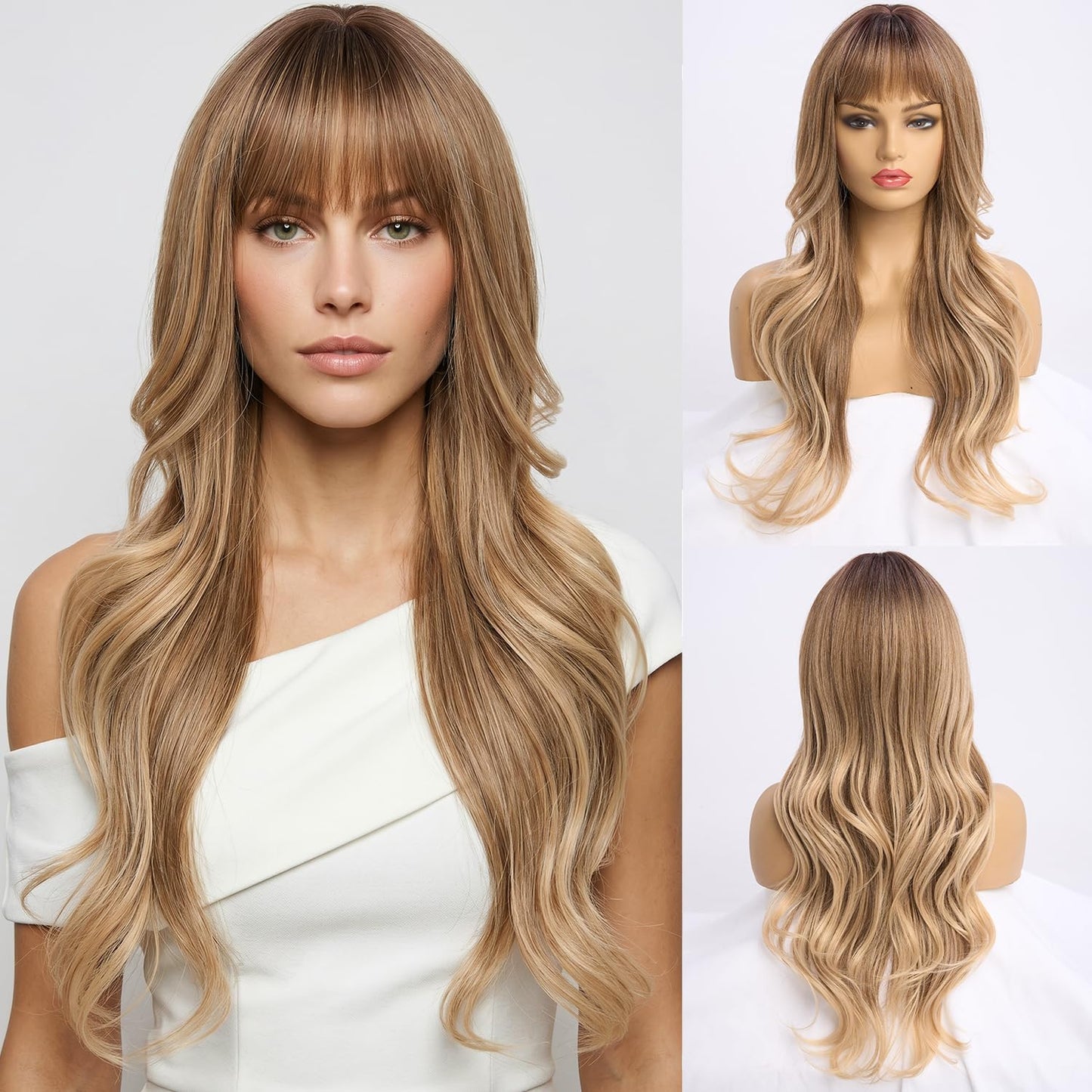 Long Black Wig with Bangs - Medium Length Wavy Layered Style | Heat Resistant Synthetic Hair (28 Inches)