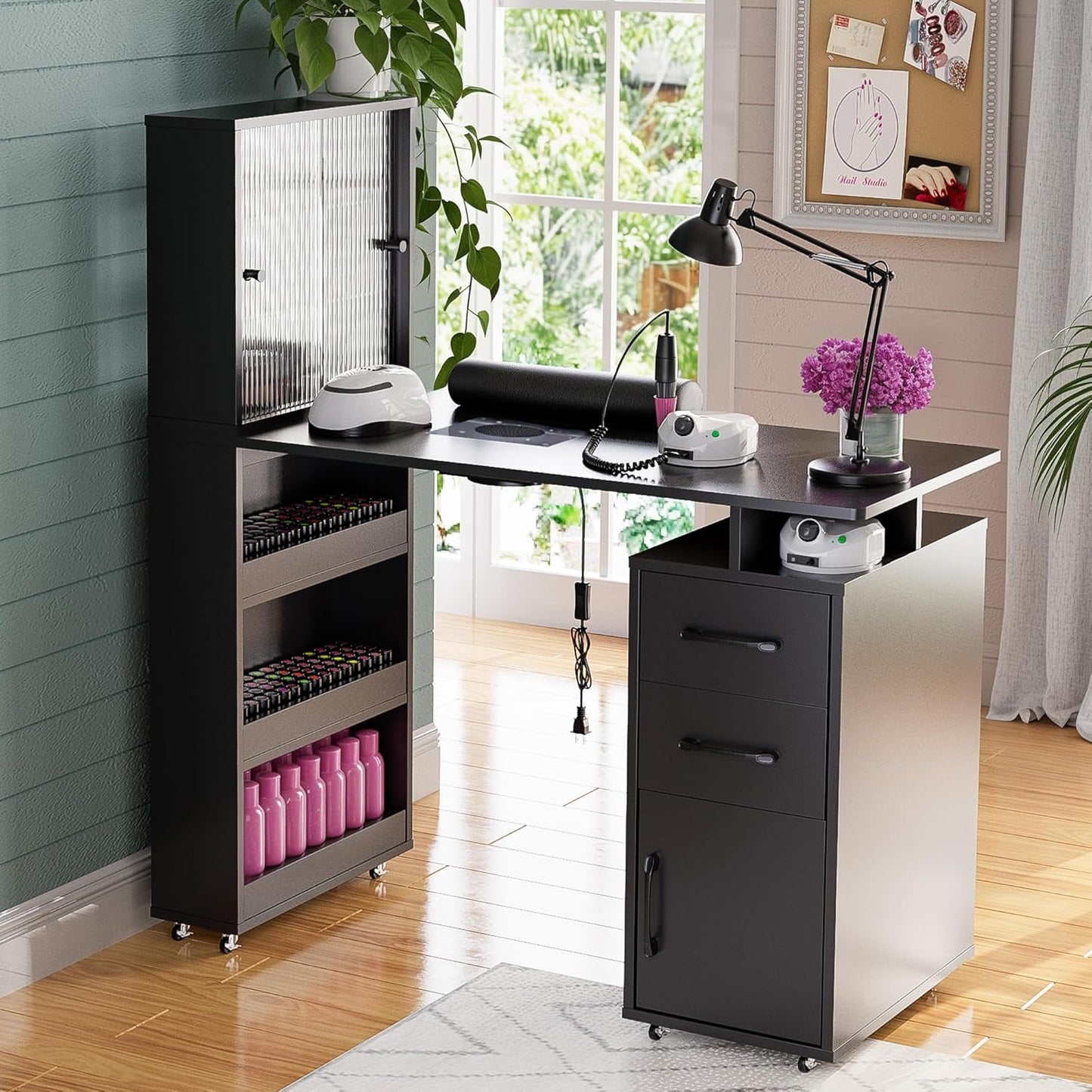 Manicure Table - Nail Desk with Glass Door Storage & Dust Collector | Acetone Resistant, White