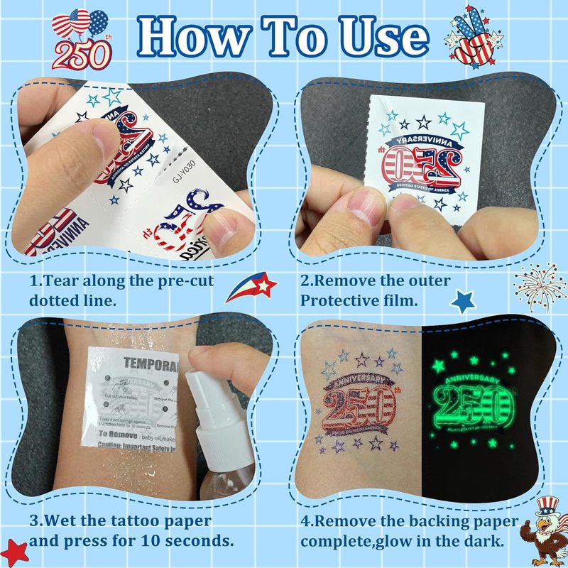 108PCS 4th of July Temporary Tattoos - Glow in the Dark USA Party Favors | Red, White & Blue Independence Day Decorations