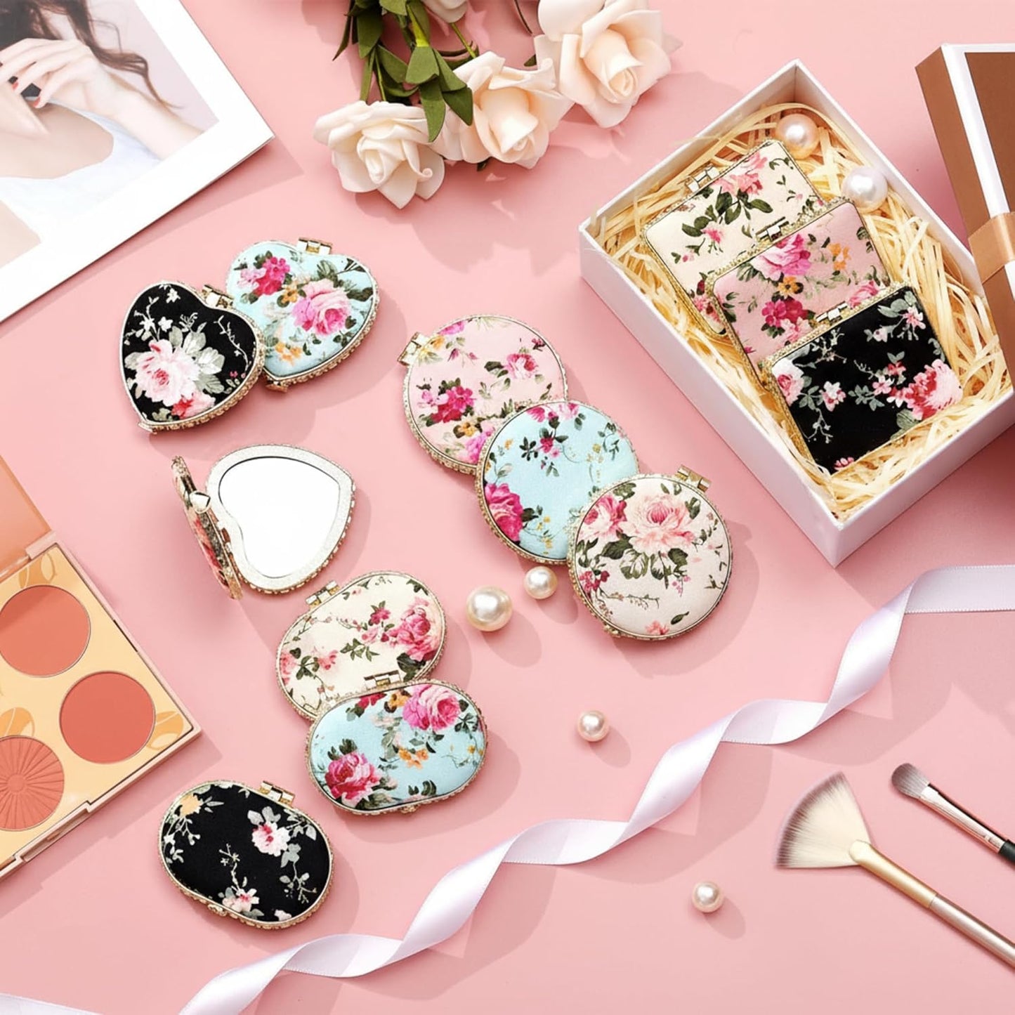 Compact Floral Pocket Mirror - 48-Piece Set for Purse | Retro Folding Makeup Travel Gift for Women