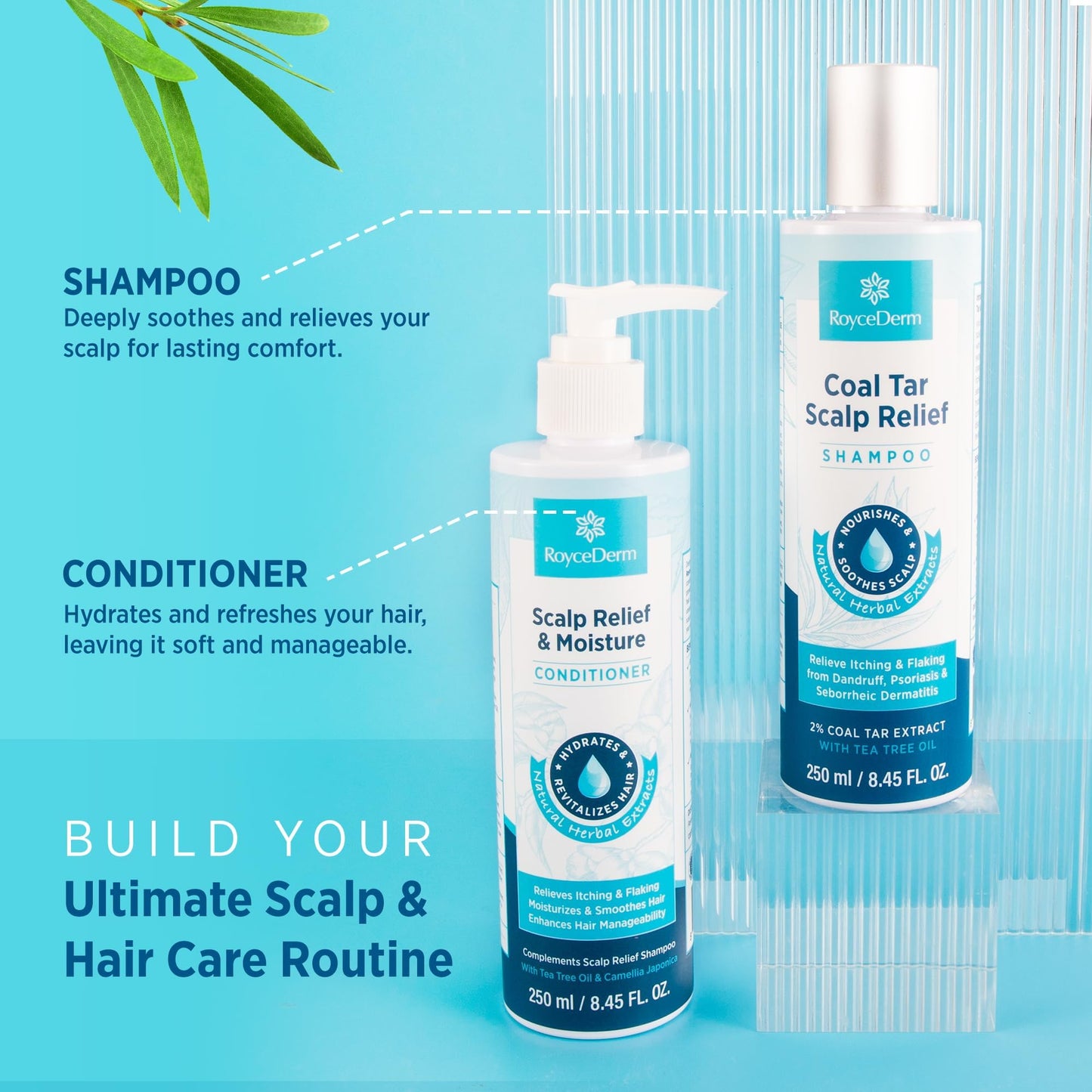 Roycederm Coal Tar Antidandruff Shampoo & Conditioner Set: 2% Coal Tar Extract Scalp Relief Shampoo for Psoriasis, Dandruff & Seborrheic Dermatitis - Soothes Itchy Scalp, Hydrates Hair