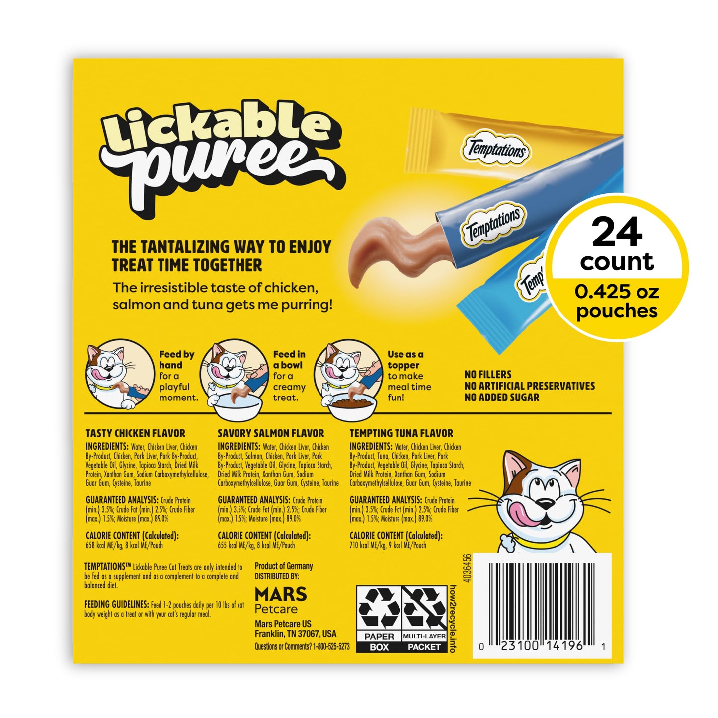 Temptations Creamy Puree Cat Treats, Chicken, Salmon & Tuna, 24 Count