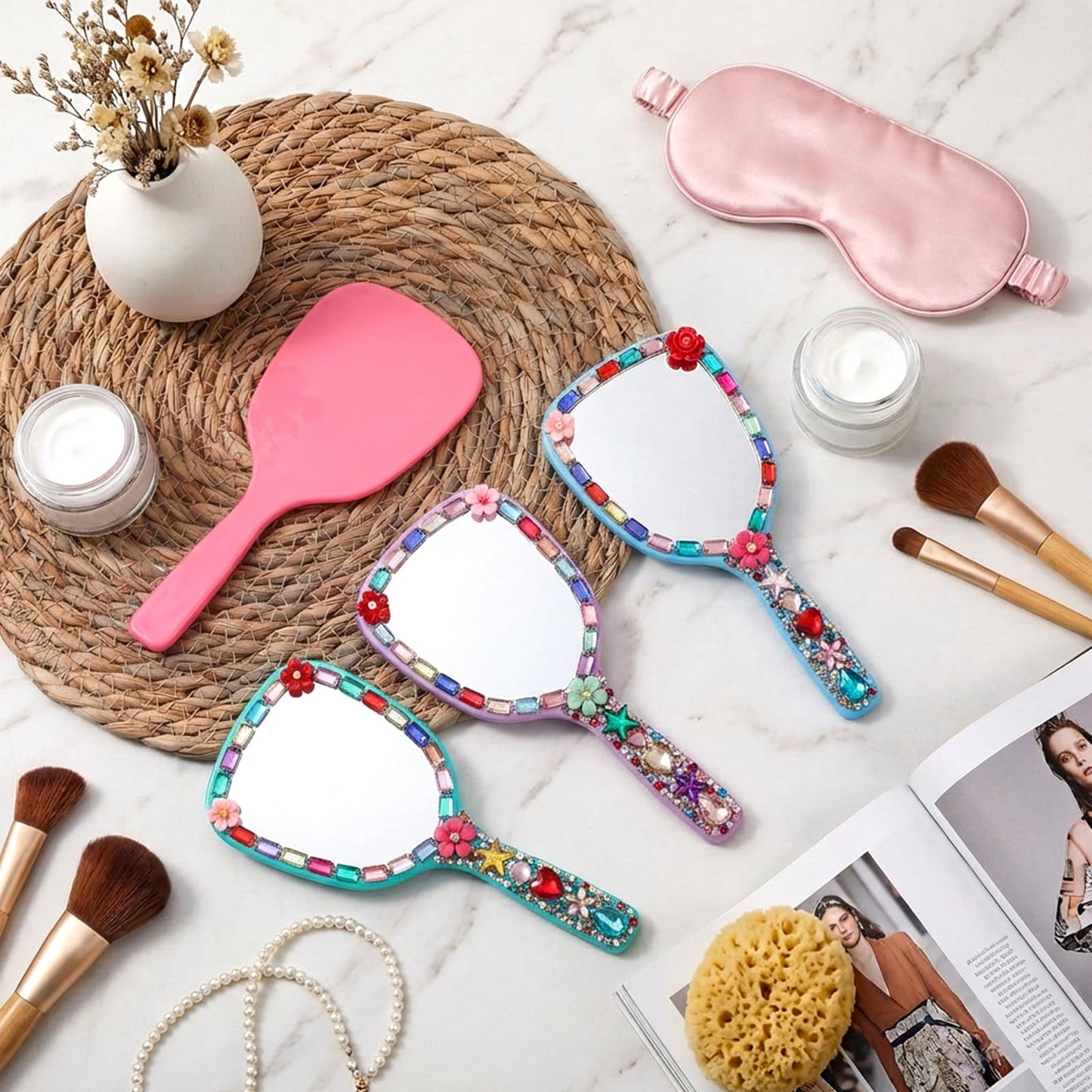 Twisina 4Pcs Small Hand Mirror with Handle Compact Travel Hand Held Mirrors for Women Girl DIY Crafts Classroom Party Favors Home Travel Camping Daily