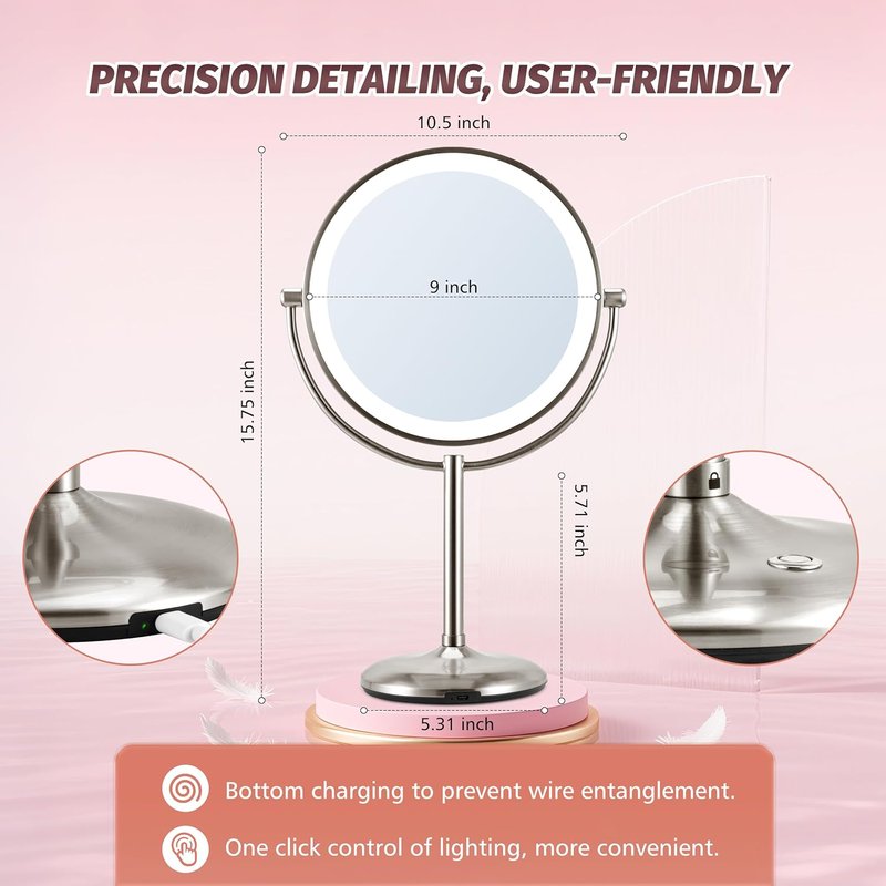 Lighted Makeup Mirror - 9" Rechargeable 1X/20X Magnifying Mirror with Dimmable 3-Color Lights | Perfect for Bedroom Tabletop