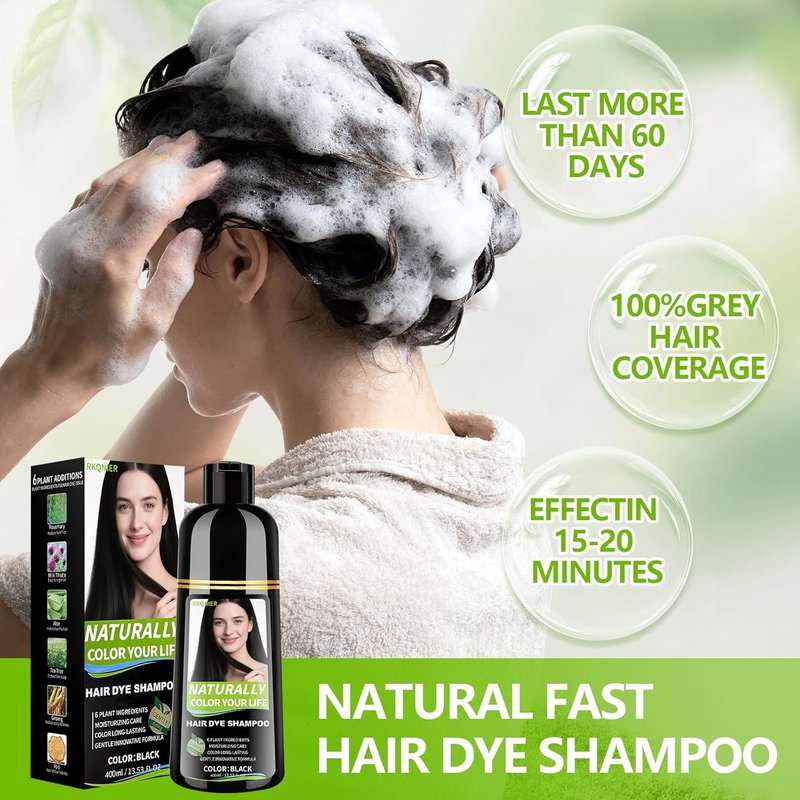 Black Hair Dye Shampoo - 10 Min Gray Coverage | 3-in-1 Semi-Permanent Color with Herbal Ingredients