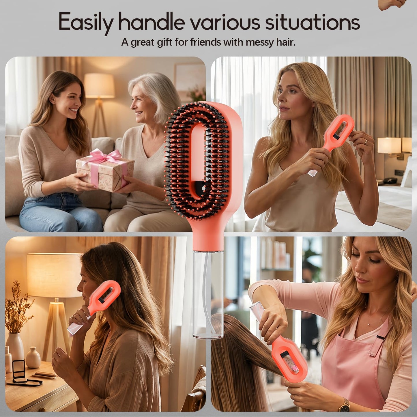 Water Spray Hair Brush with Fine Continuous Mist, Detangling & Smoothing Hair Brush for Frizz, Static & Flyaway Hair, Wet or Dry Hair Styling Brush for Women, Orange