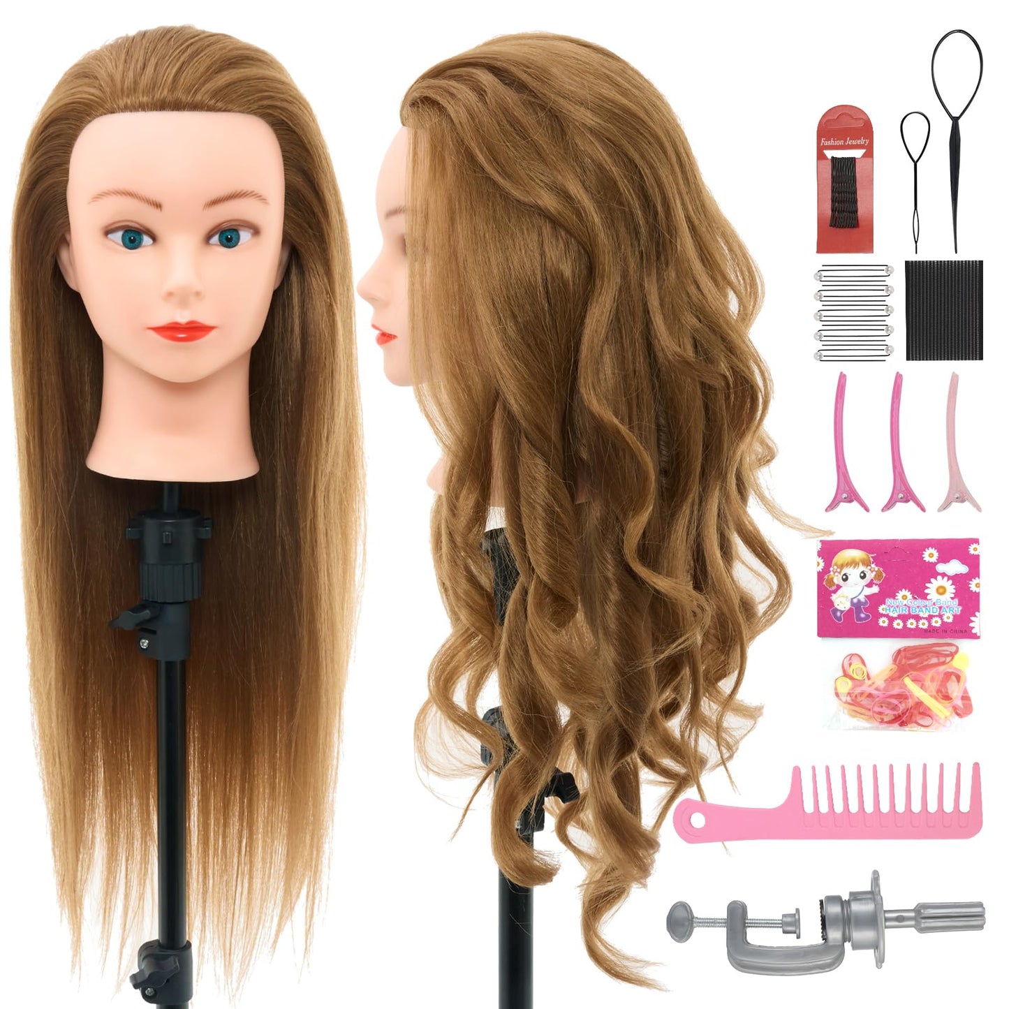 28Inch 80% Real Hair Mannequin Head, Cosmetology Mannequin Head with Hair for Braiding Curling Cuting, Table Clamp Styling Set(Blonde)