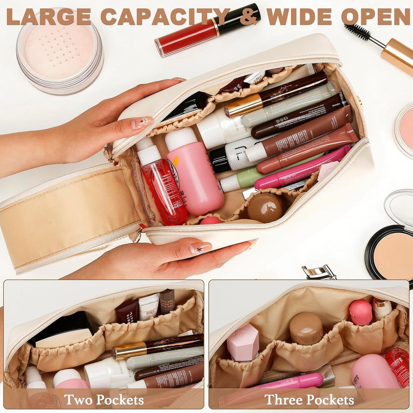 Personalized Makeup Bag for Women - Large Capacity Travel Toiletry Organizer | Beige A