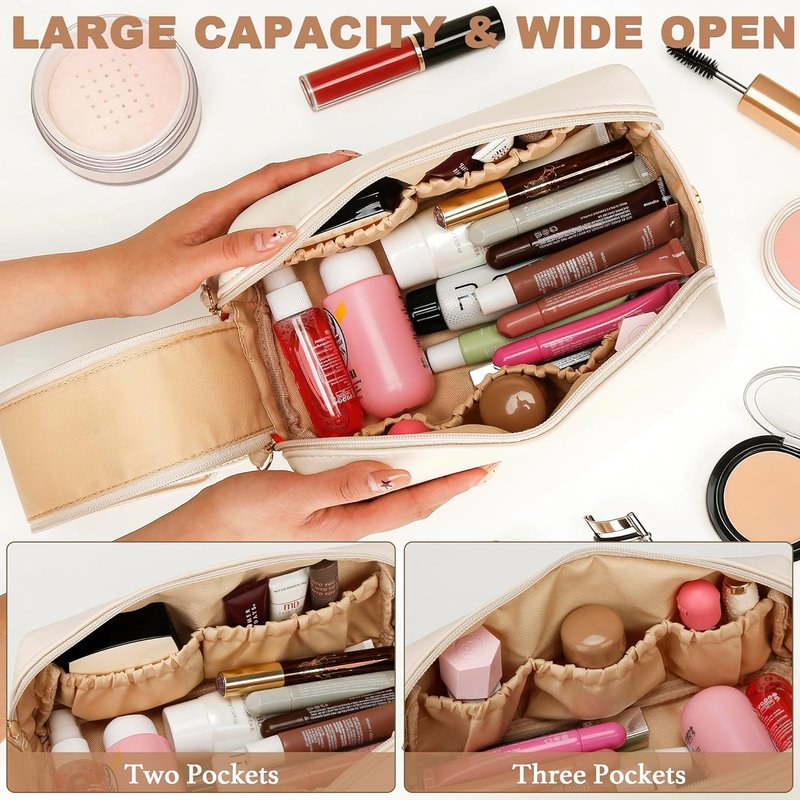 Personalized Makeup Bag for Women - Large Capacity Travel Toiletry Organizer | Beige A
