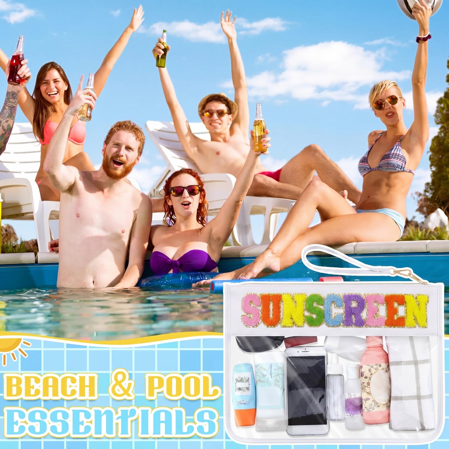SilTriangle Large Sunscreen Bag, Waterproof PVC Chenille Letter Makeup Pouch Container Zipper Portable Organizer for Full Size Sun Protection Essentials, Summer Beach Travel Gift, 15.75 x 12.20 Inch