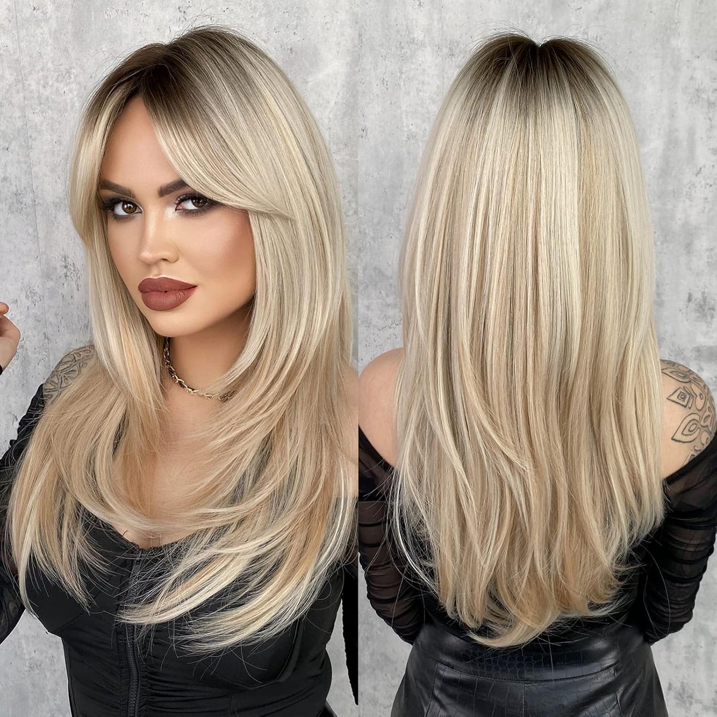 Long Natural Black Wig with Bangs - Heat Resistant Synthetic Hair for Daily Wear
