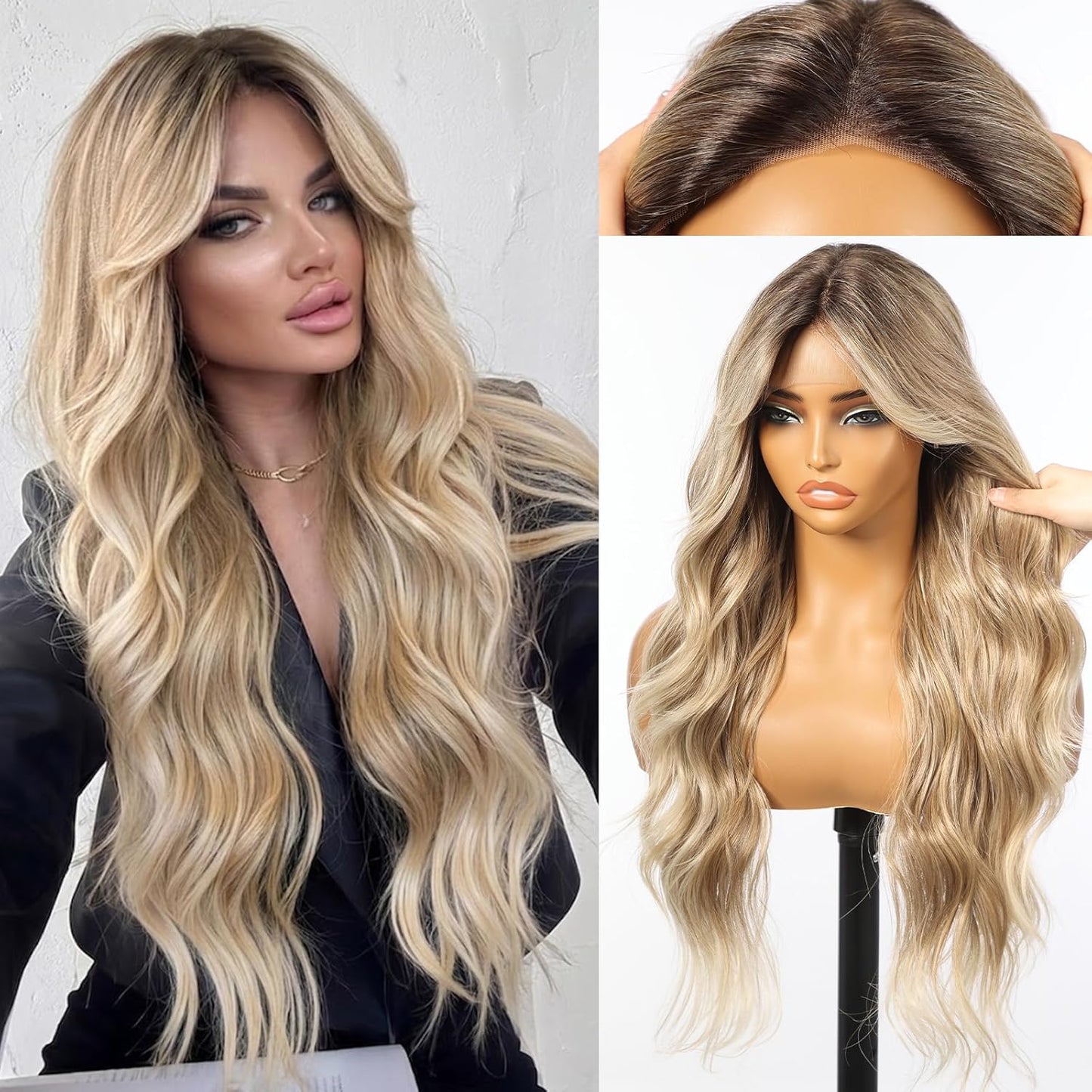 KOME Ash Brown Synthetic Lace Front Wig - T Part Glueless Long Body Wavy Style | 28 Inch with Bangs for Women