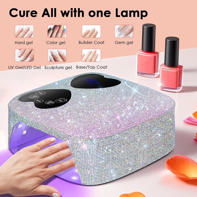 HUITINE UV LED Nail Lamp - Cordless 80W Rechargeable Gel Light Dryer with 5 Timers & Mirror Base | Sparkling Rhinestones Design