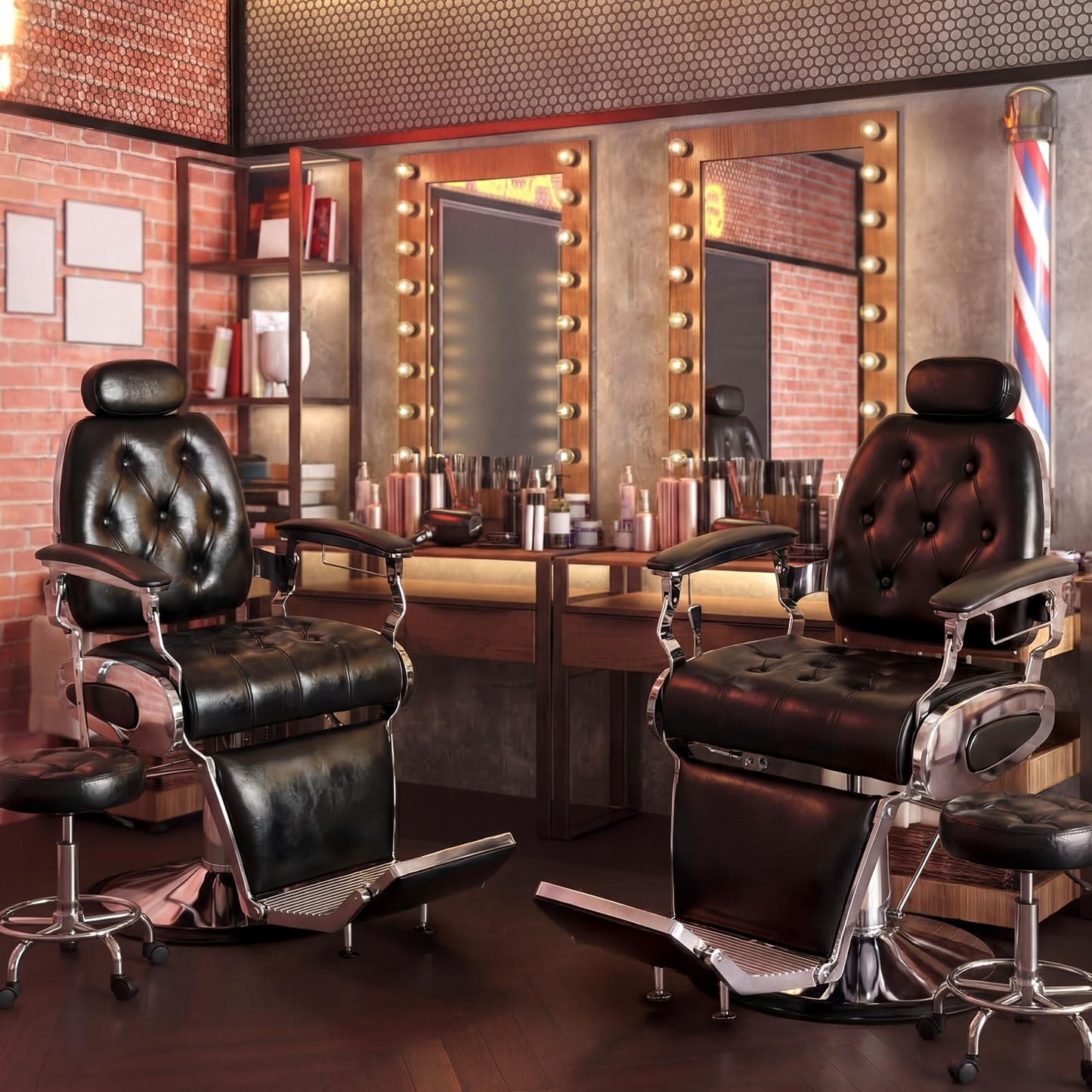 Oakvera Barber Chair with Stool, Heavy Duty Vintage Recline Hydraulic Barber Chair, 360° Swivel All Purpose Professional Salon Chair Barber Shop Beauty Salon Shampoo Equipment, Black and Silver