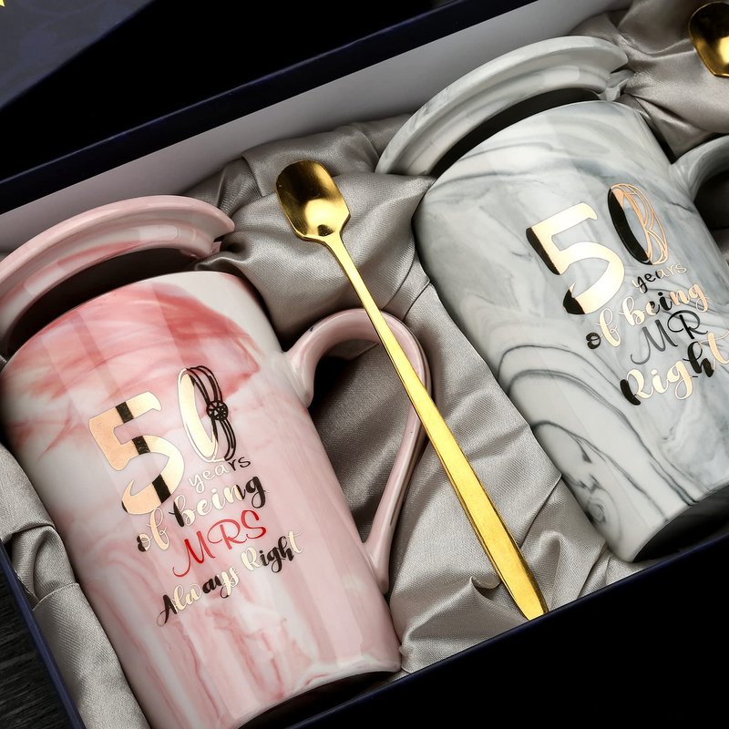 Sovyime 50 Years of Being Mr Right and Mrs Always Right Wedding Marriage Anniversary Cup for Couple Ceramic Marble Coffee Mugs - 14 Oz (50th Anniversary)