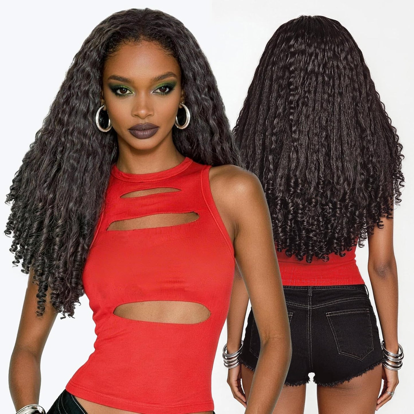 Burmese Curly Half Wig - 18" Veralux Fiber Blend Human Hair | Bouncy Shaggy Waves, 200% Density, Natural Black