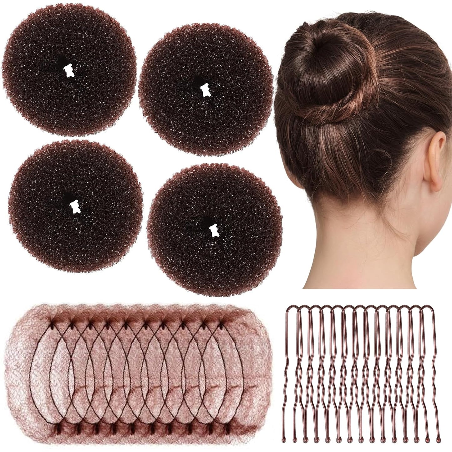 Small Hair Bun Maker Kit - 4 Pcs Ballet Bun Tools with 10 Hair Nets & 20 U-Shaped Bobby Pins | Black