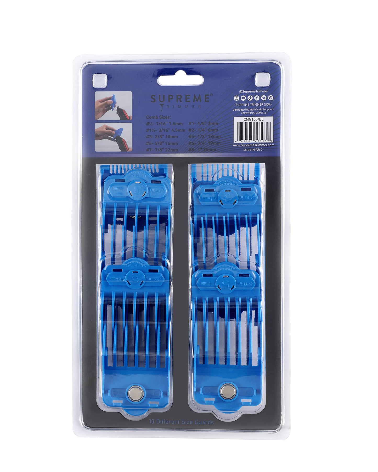 Supreme Trimmer Magnetic Guide Combs for Clippers | CMG100 Hair Clipper Guards, 10 Cutting Lengths | Blue