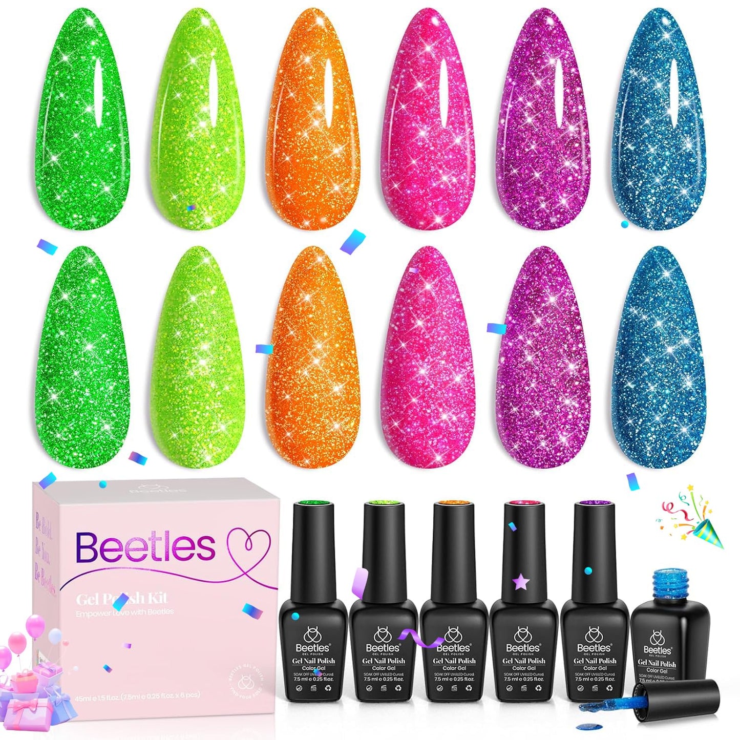Beetles Glitter Gel Nail Polish Set, Neon Carnival Reflective Gel Polish