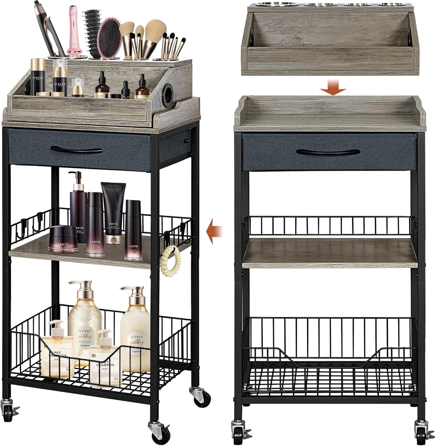 Large Makeup Organizer Cart - Rolling Vanity Storage with Hair Tool Holder | Gold & Black, 2-in-1 Design