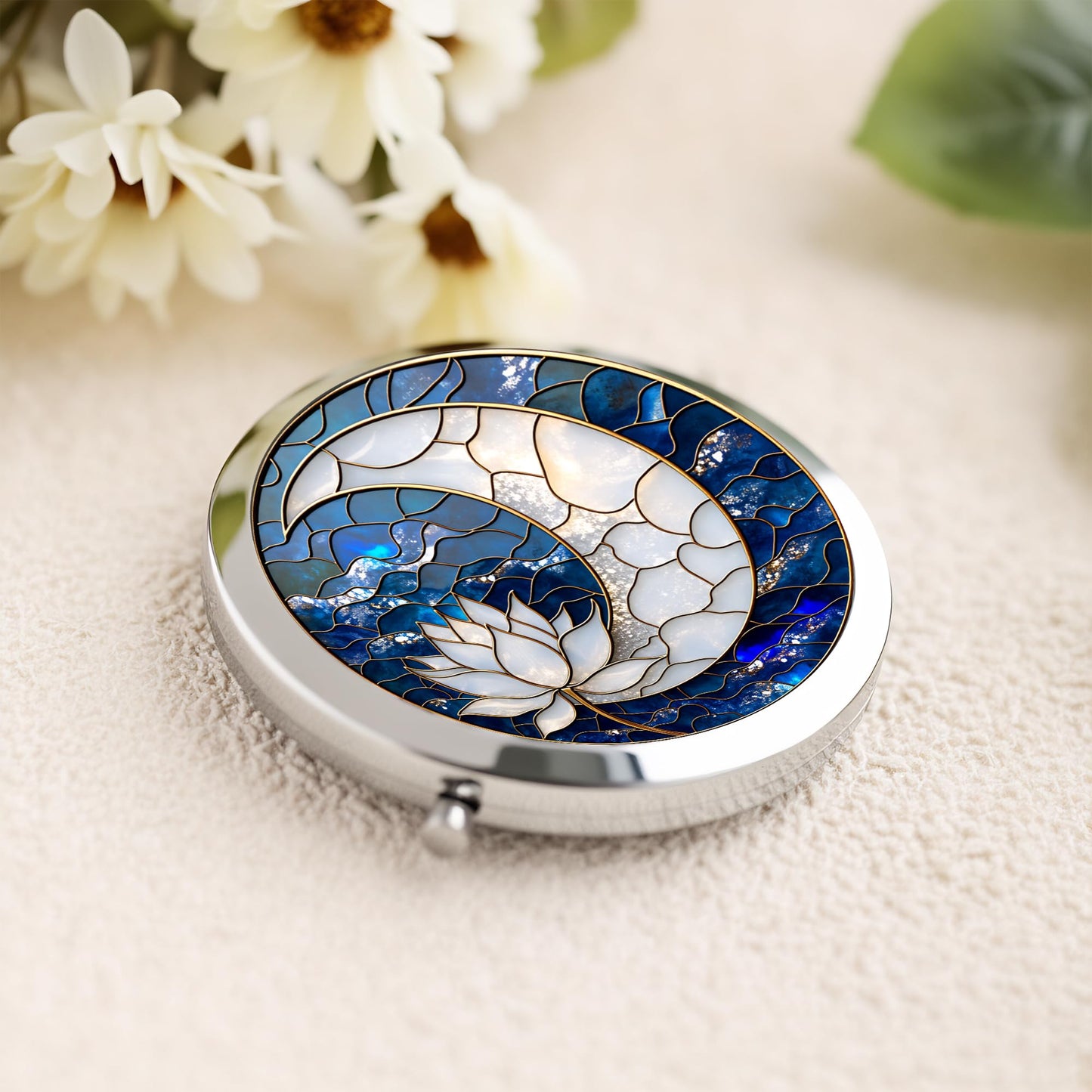 Silver Compact Mirror, 2.8x2.8inch Double-Sided Folding Makeup Mirror with Moon Lotus Stained Design, Ideal Gift for Women