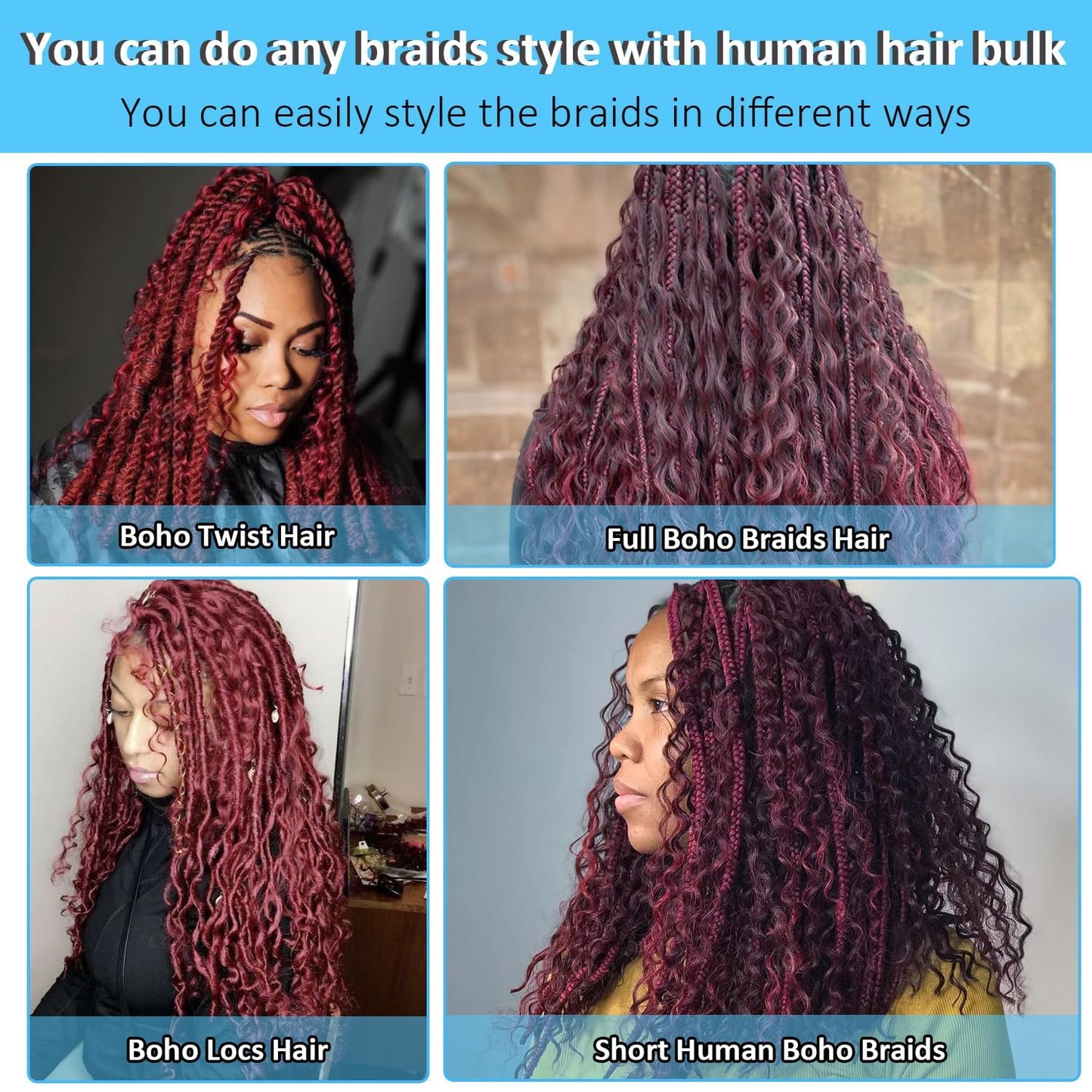 HeioWuio 28 28 28 Inch #99J Burgundy Human Braiding Hair for Boho Braids 150g Deep Curly Bulk Human Hair Knotless Boho Braiding Wine Red Deep Wave No Weft Bohemian Braids 3 Bundles/Pack Caramel