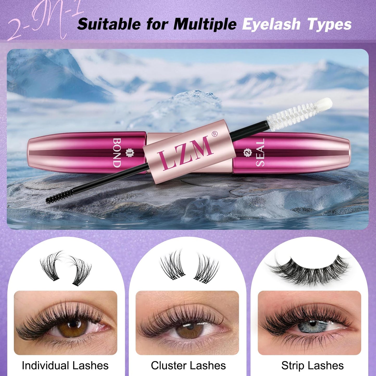 LZM Lash Bond and Seal Long-Lasting 72H Eyelash Cluster Glue Waterproof Lash Cluster Glue Strong Adhesive Easy to Use Eyelash Bond and Seal 5ml + 5ml (P01)