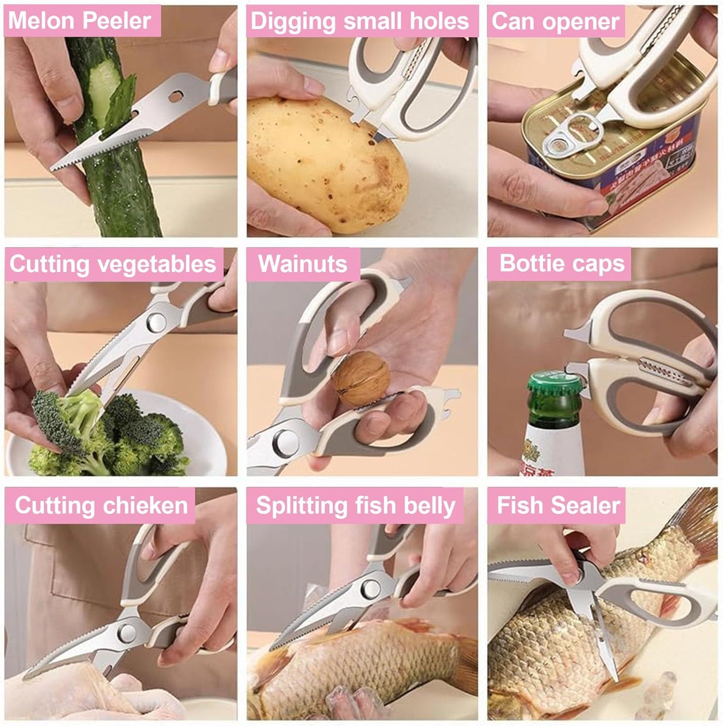 Heavy Duty Kitchen Shears - Dishwasher Safe Stainless Steel Scissors for Meat, BBQ & Cooking | Pink