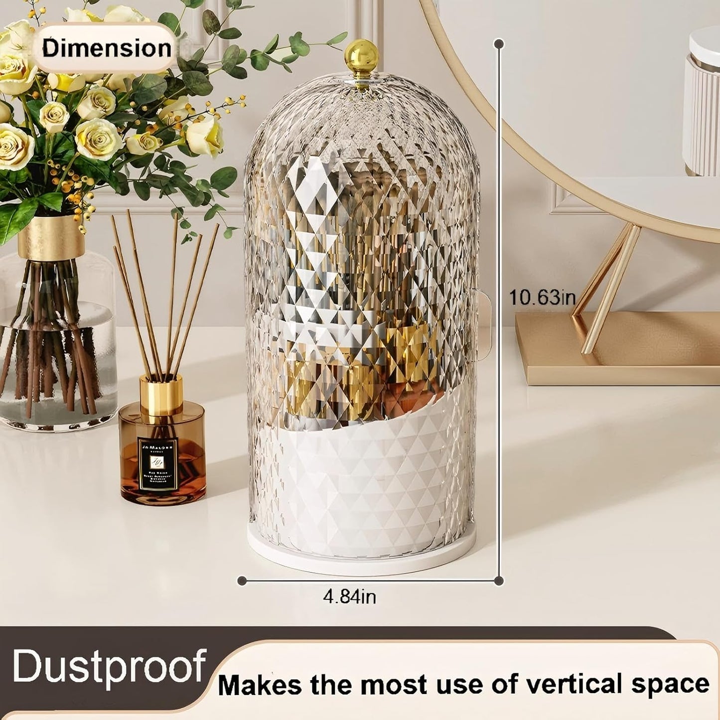 Makeup Brush Holder - 360° Rotating Waterproof Storage Box | Diamond Pattern, White