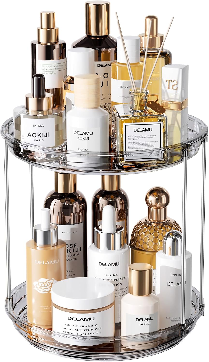 Rotating Makeup Organizer - 2 Tier Stackable Vanity Storage | Clear Skincare & Perfume Holder