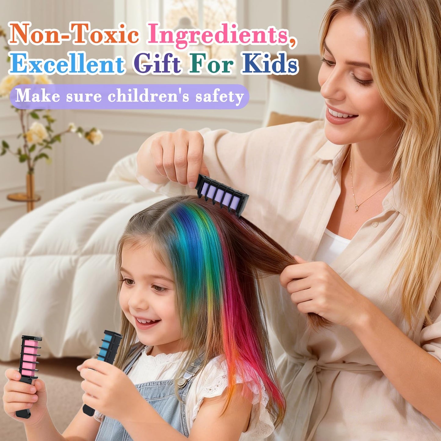 12 Colors Hair Chalk Comb, Temporary Hair Color Dye for Girls, Washable Hair Chalk with Air Bag Comb and Spray Bottle, Festive Fun Hair Chalk Combs, Birthday Christmas New Year Gifts Hair DIY Party