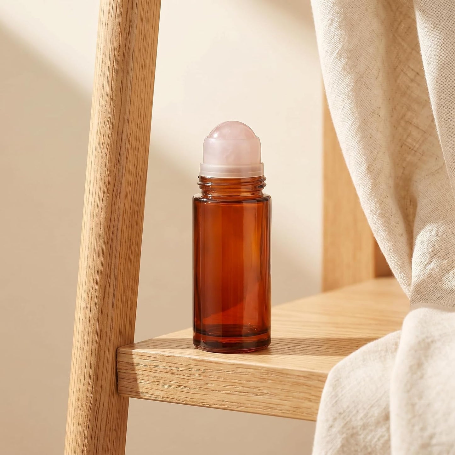 Rose Quartz Roller Ball Applicator - 50ml Refillable Amber Glass Perfume Bottle | Leak-Proof Travel Design with Gold Caps