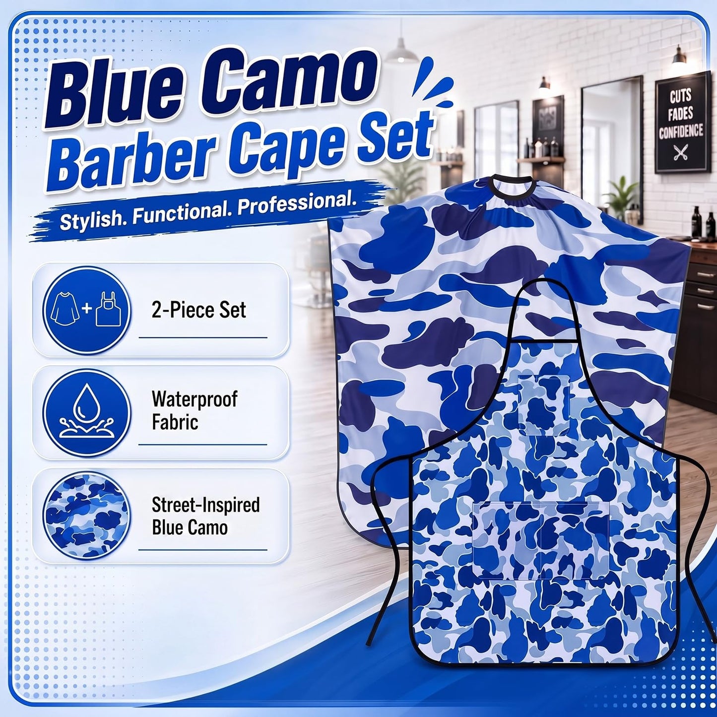 Cuffbow 2 Pcs Blue Camo Barber Cape Set Professional Hair Cutting Cape and Apron with 3 Pockets, Salon Hairdressing for Barbers, Stylists, Home Haircuts, Reusable and Adjustable