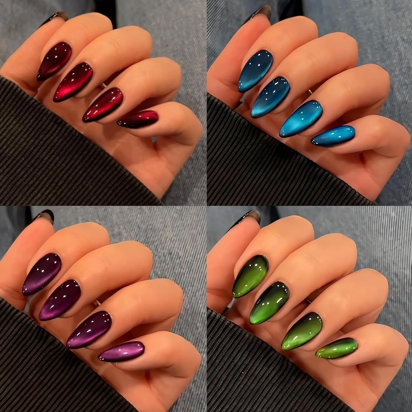 KQueenest Cat Eye Press On Nails - Glitter Almond Medium | 96 Pcs Sparkle Chrome Fake Nails for Women