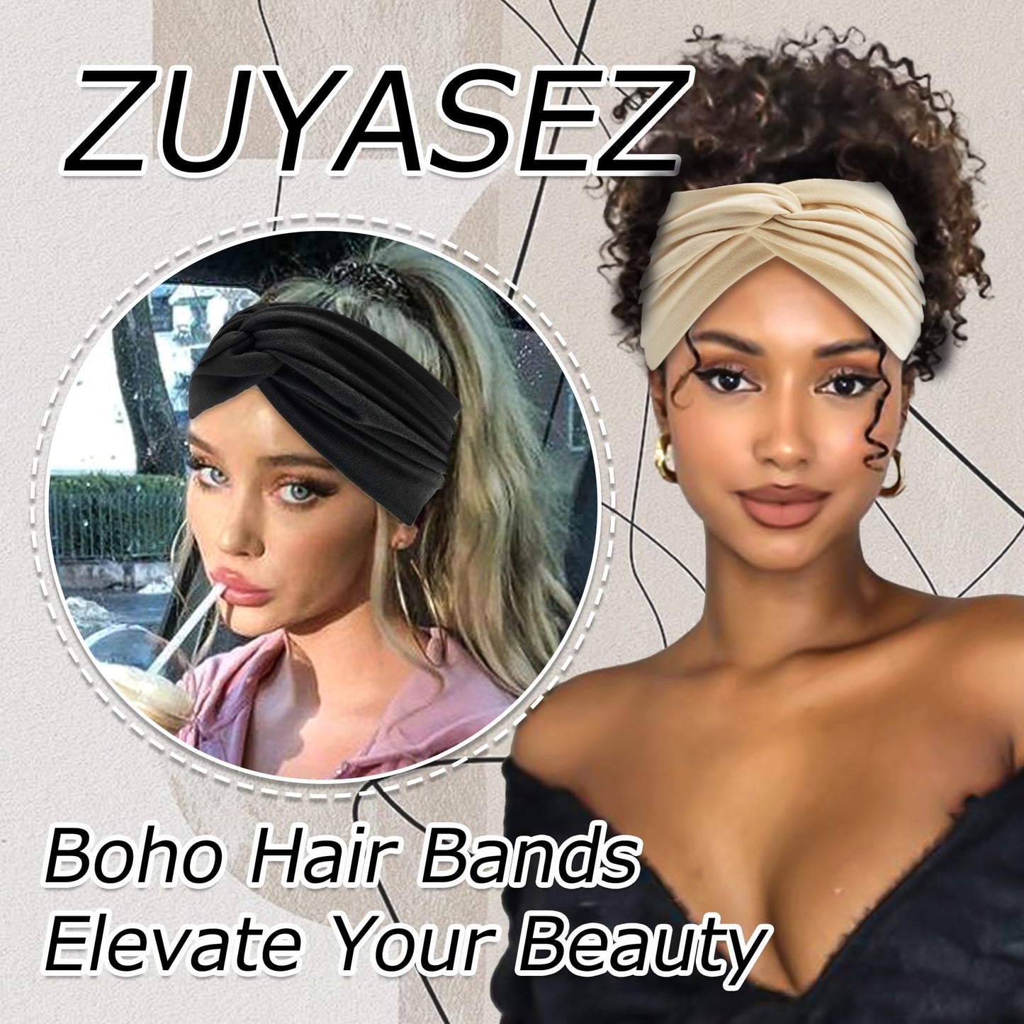 ZUYASEZ 4 Pack Wide Headband for Women Stretchy Boho Twist Turban Hair Band