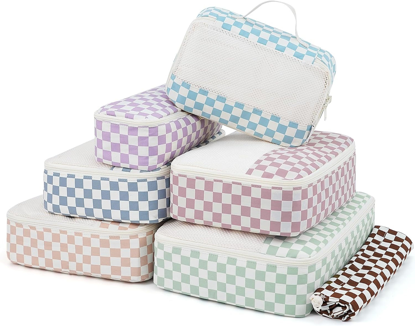Checkered Packing Cubes Set - Durable Travel Organizer Bags for Kids & Women | Mint Green Checkerboard