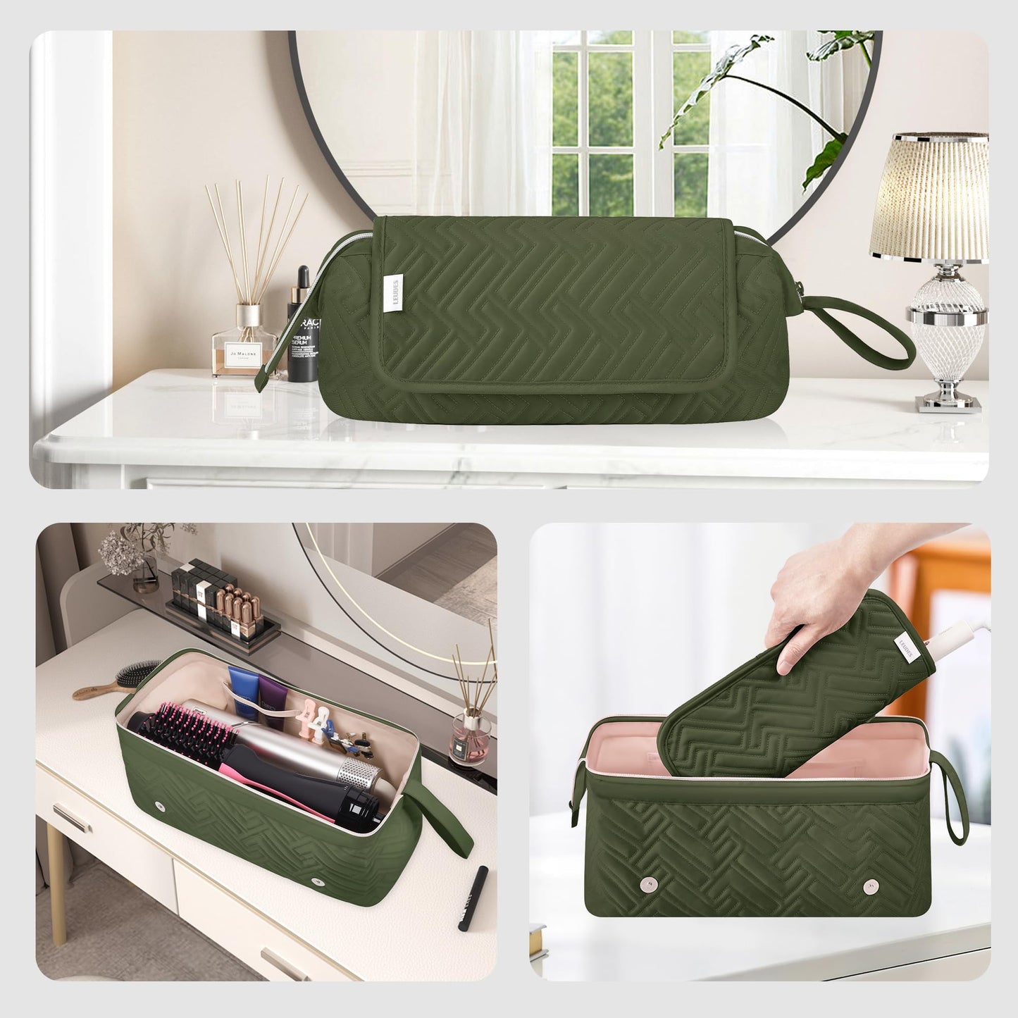 Leudes Hair Tools Travel Bag for Women Heat Resistant Mat for Travel Essentials Hot Tools Straighteners,Flat Irons,Curling Iron,Hot Air Brushes and Hair Dryer Organizer Bags 2 in 1 (Army GreenA)