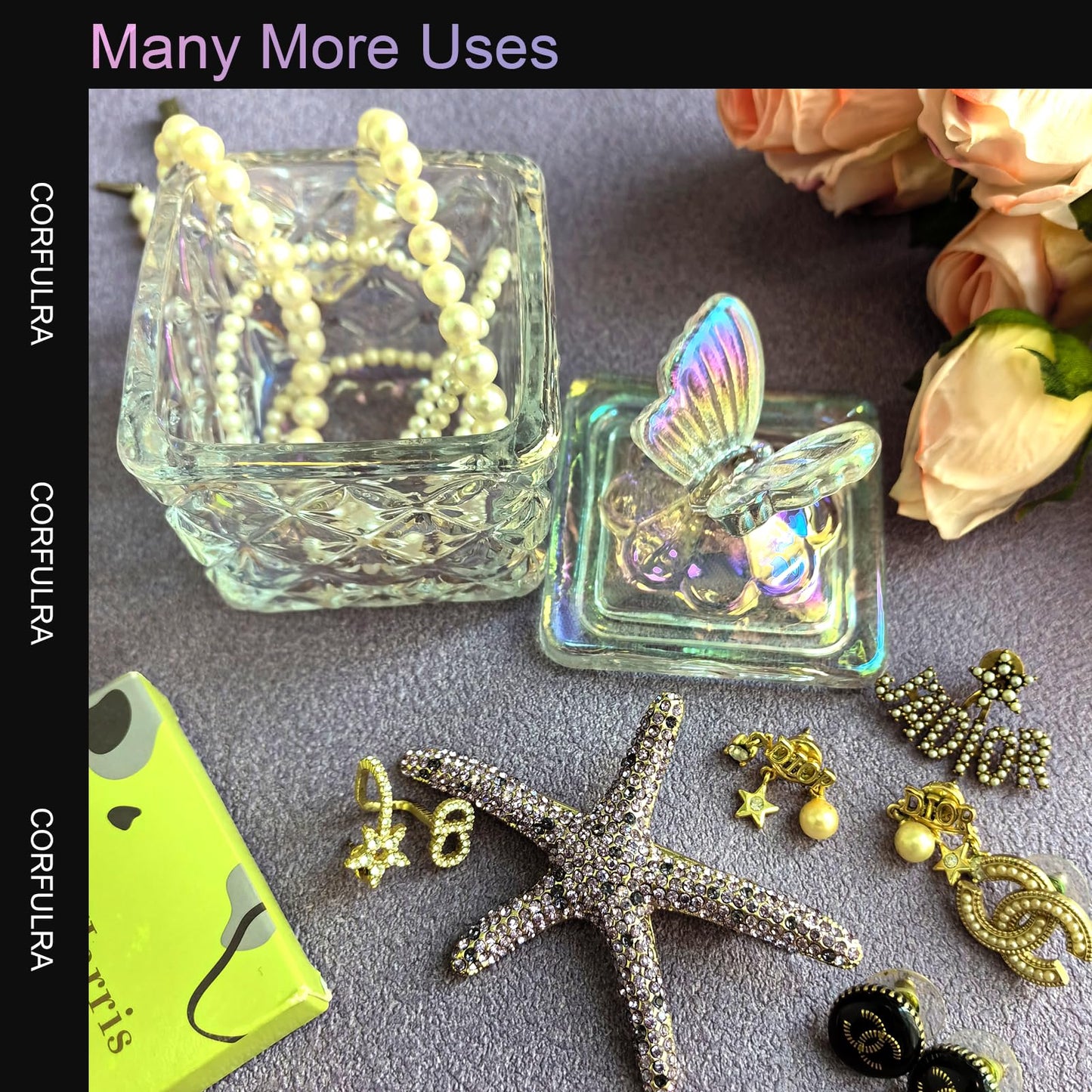 Dappen Dish for Monomer Acrylic Nail Liquid, CORFULRA Large Monomer Dish with Lid Acrylic Liquid Powder Cup, Square Butterfly Glass Jar for Nail Brush, Acetone Nail Polish Remover Holder. Rainbow