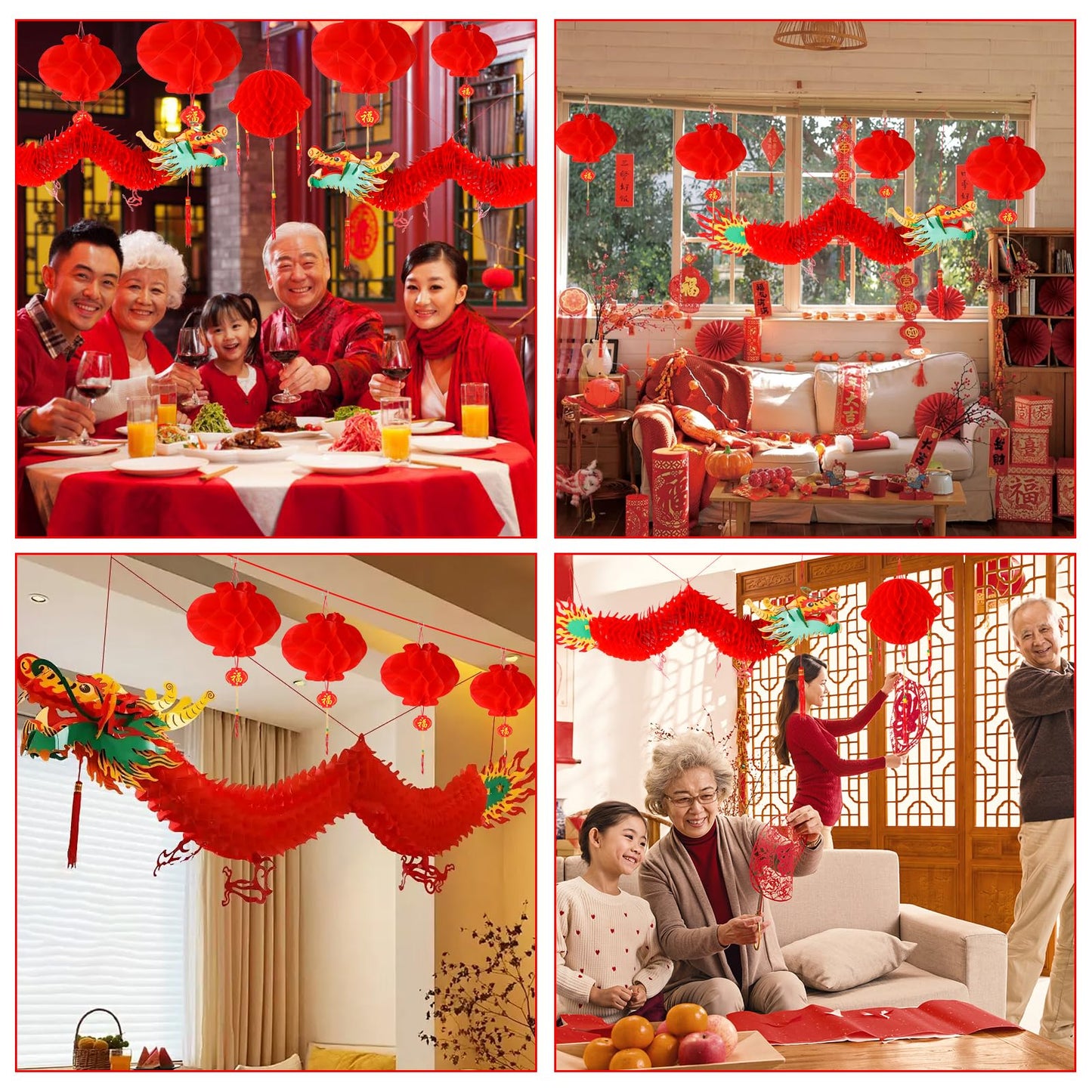 BRIOYHA 14PCS 3D Chinese Dragon Decoration Set with Red Ball 12 Lanterns for 2026 Lunar New Year, Spring Festival Party Decor