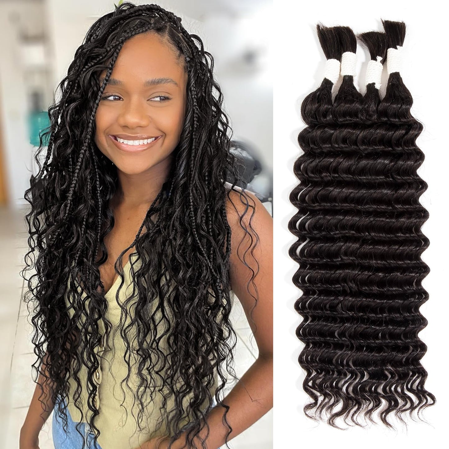 Human Braiding Hair for Boho Braids Deep Wave, Boho Human Hair for Braiding Curly, Human Hair Braiding Hair for Black Women, Natural Color, 16 Inch 50g-2 Bundles in One