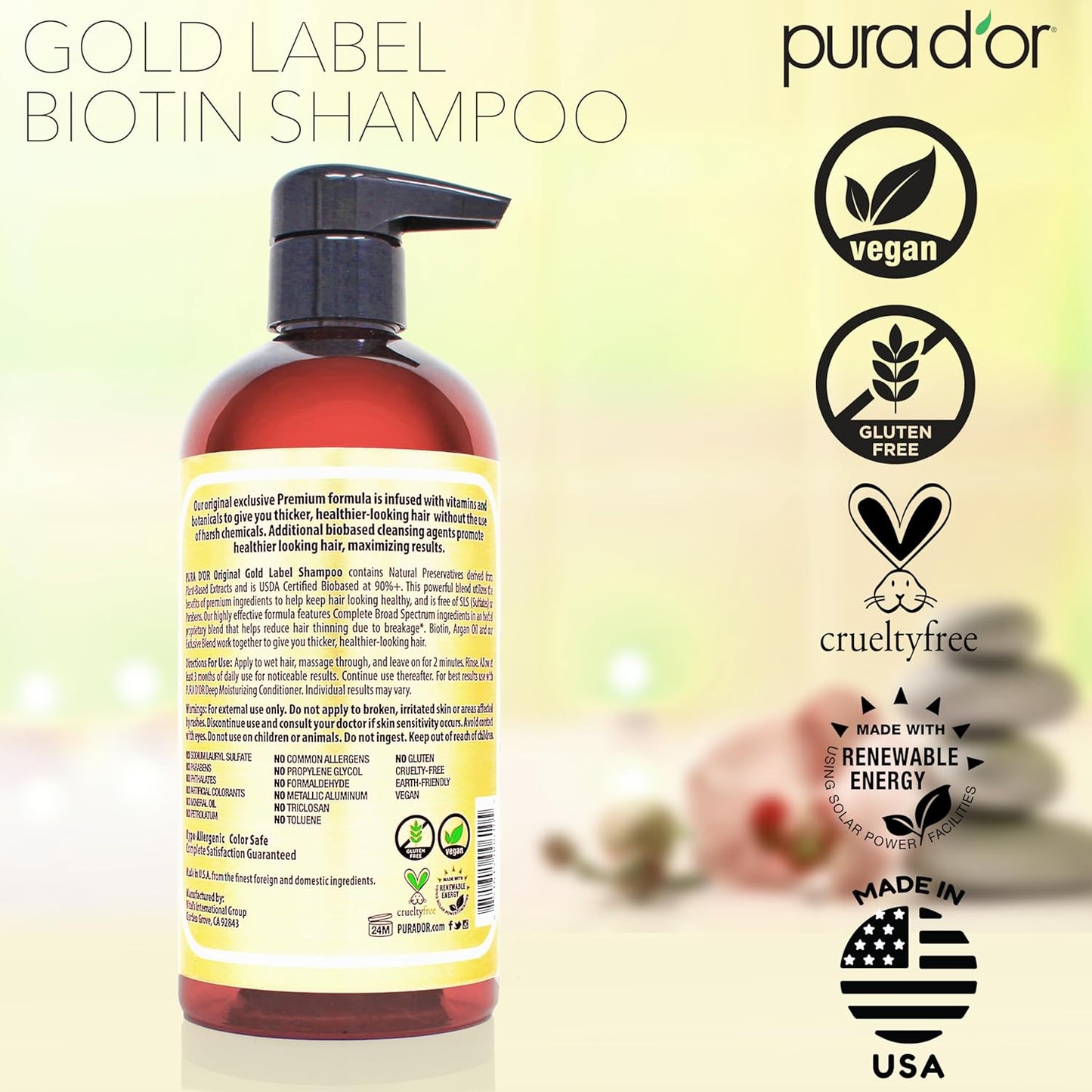 PURA D'OR Anti-Thinning Shampoo - Biotin & Argan Oil | Sulfate-Free, Strengthens & Volumizes Hair, 16 oz