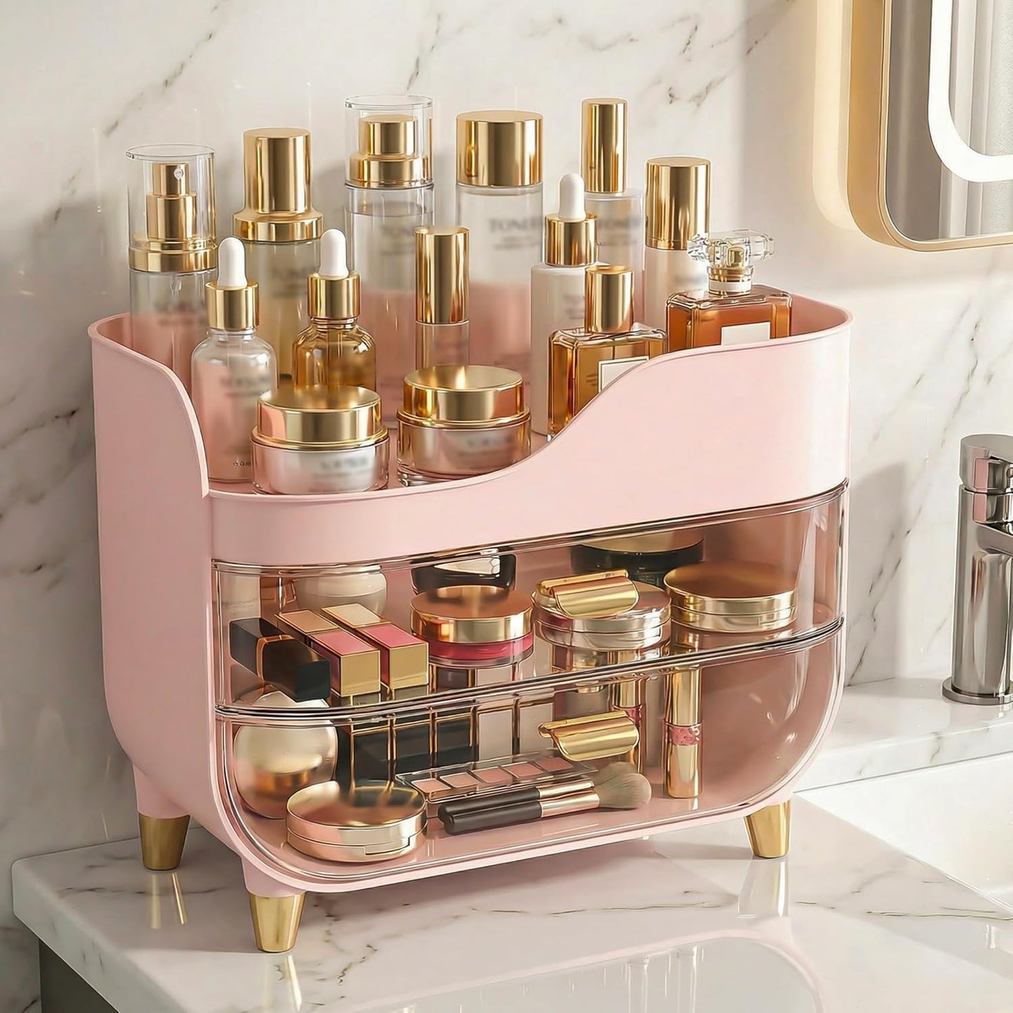 Makeup Organizer - Extra Large Skincare Storage with Smooth Drawers | Crystal Clear Vanity Display Case for Beauty Products