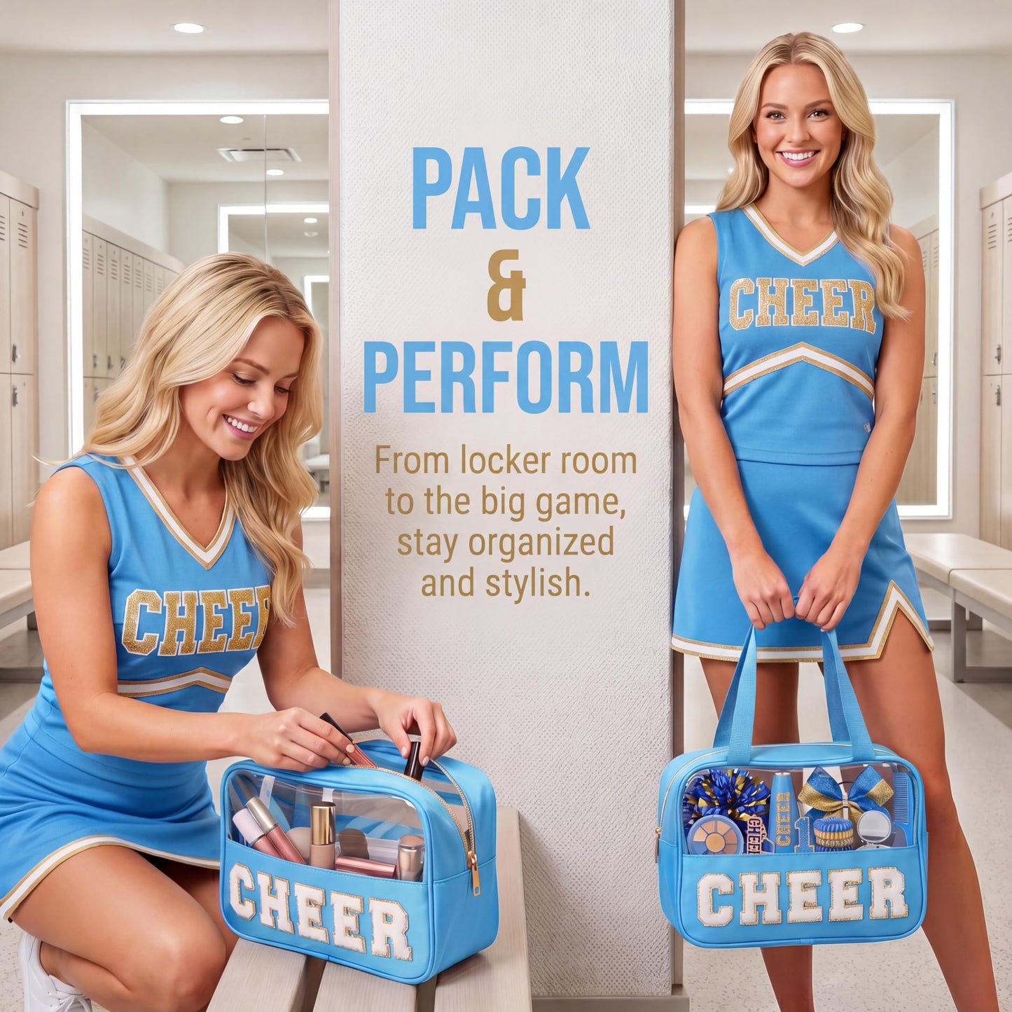 KYTACCU Cheer Makeup Bag Cheerleader Gifts Cheer Chenille Letter Cosmetic Bag Cheerleading Competition Accessories Clear Travel Toiletry Pouch for Girls Women-Sky Blue