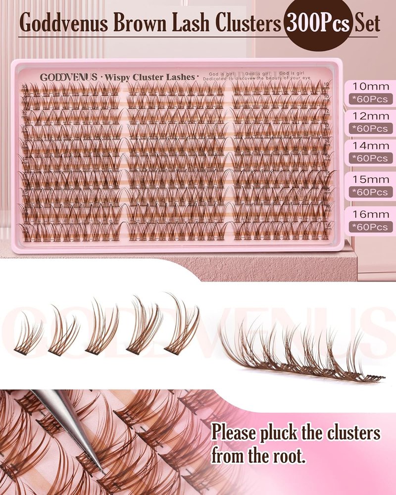 Brown Lash Clusters - Natural Wispy Eyelash Extensions for Soft Glam | 300 Pcs, C Curl, Waterproof (10-16mm)