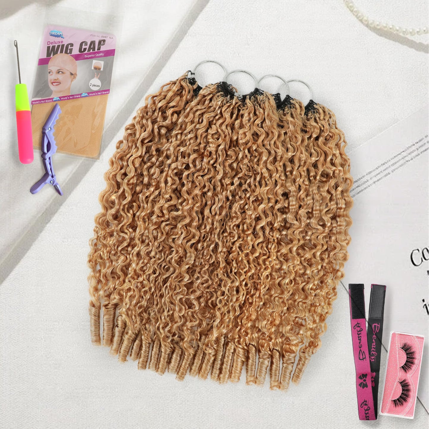 KULYMUWIG Honey Blonde Burmese Curly Crochet Human Hair 20 Inch 240g Invisible Pre-Separated Feather Crochet Human Hair Bundles 27# Reusable Lightweight Miracle Knots Hair Extensions