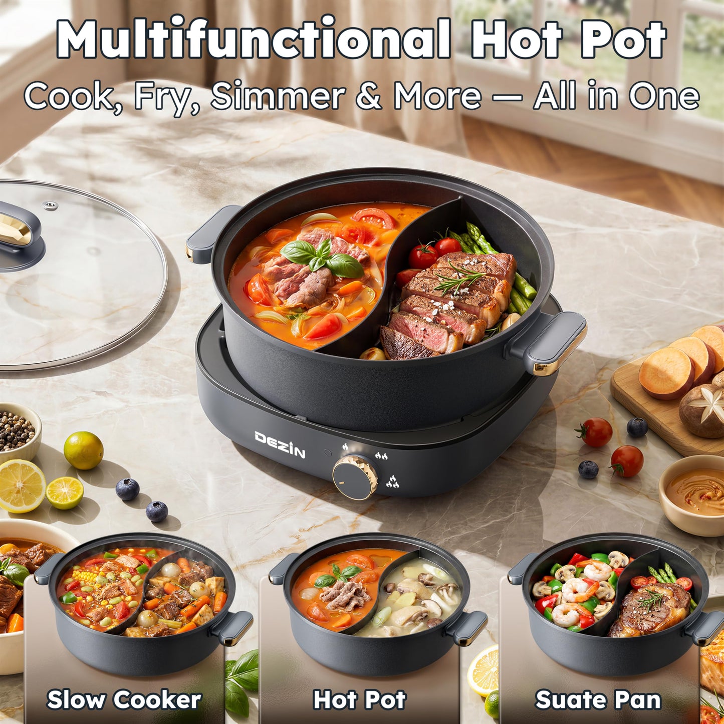 Dezin Hot Pot Electric with Divider, 4L Dual-Flavor Electric Shabu Shabu Pot, Removable Nonstick Pot Easy to Clean, Multi-Power Control for Family & Friends Gathering, Silicone Ladle Included