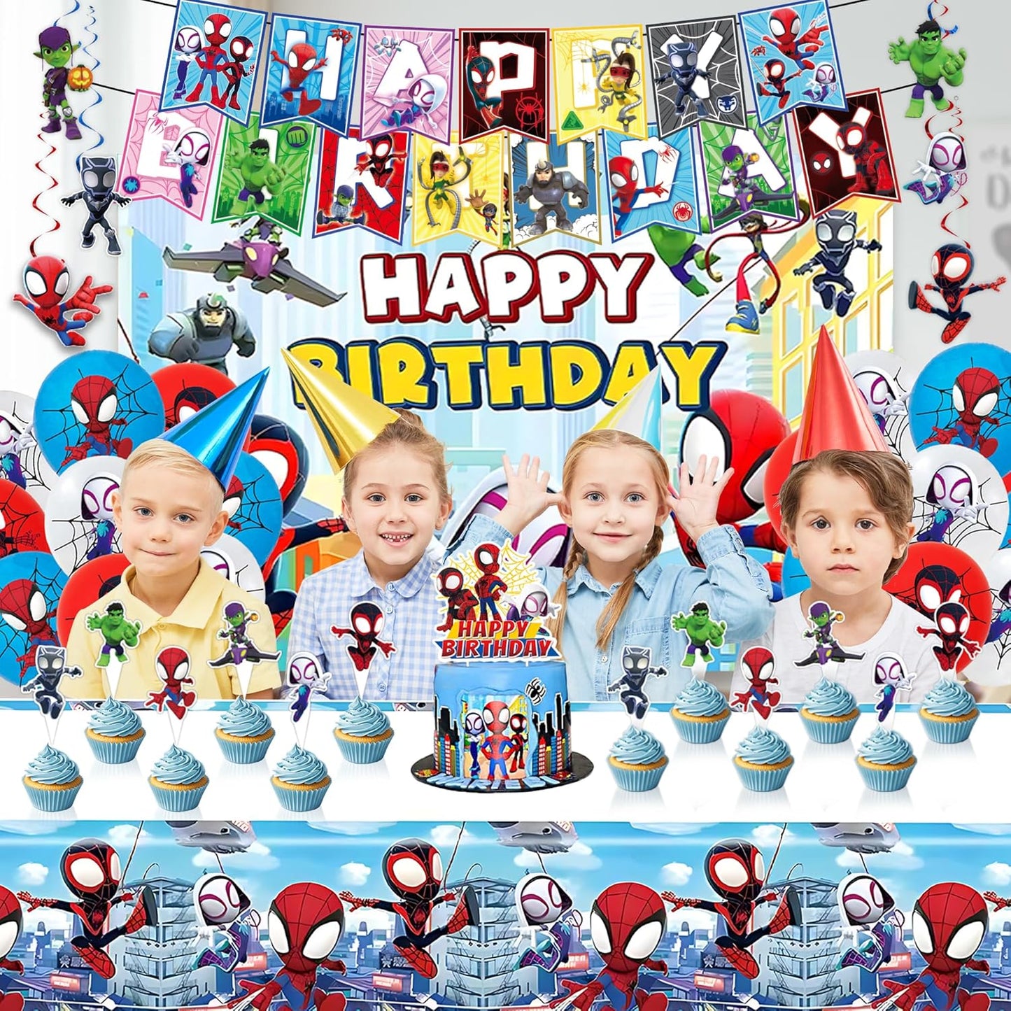 Spider-Man Party Decorations - Complete Spidey Theme Supplies with Banner, Backdrop, Table Cover, Cake Toppers & Balloons | Perfect for Kids' Birthday Celebrations