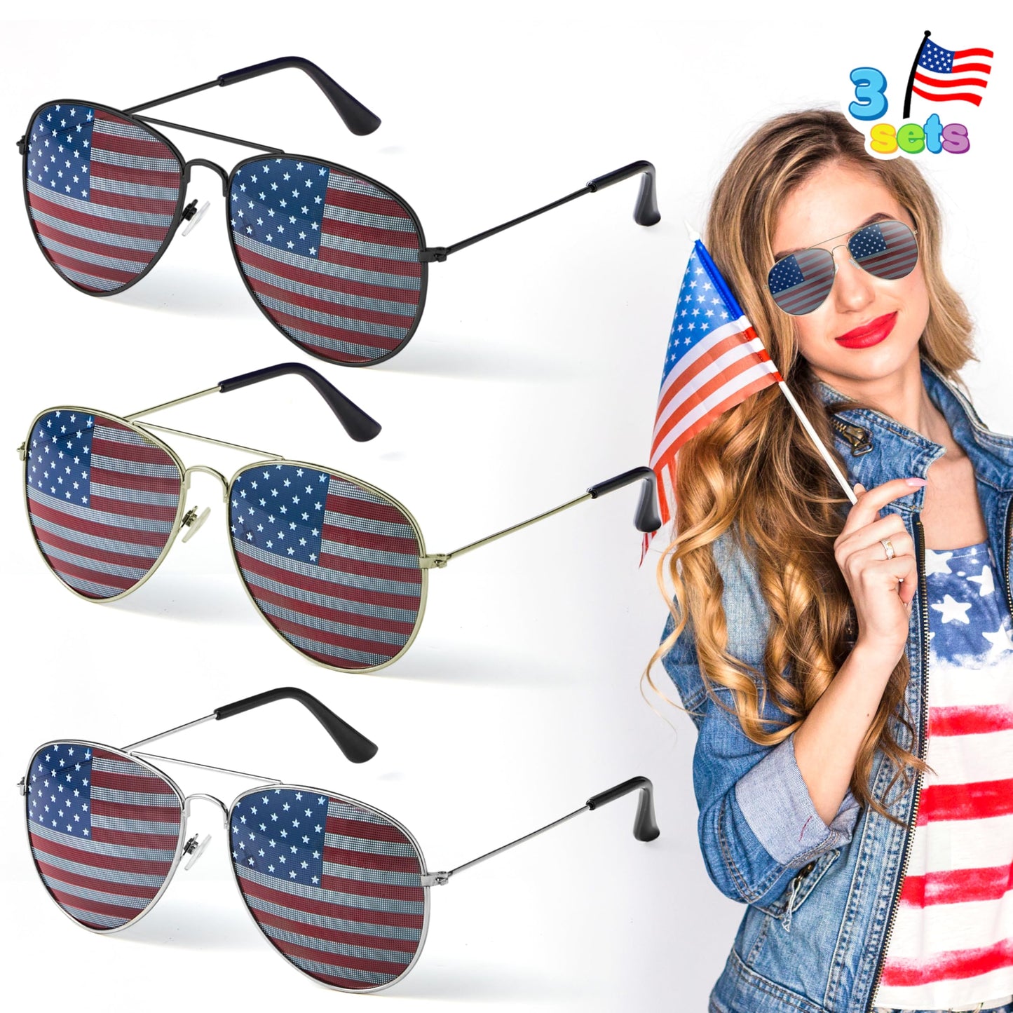 JOYIN 3 Pcs July 4th American Flag Sunglasses, Fourth of July Patriotic Sunglasses with Gold Silver and Black Frame, Red White Blue American Glasses for 4th of July Accessories, Party Favor