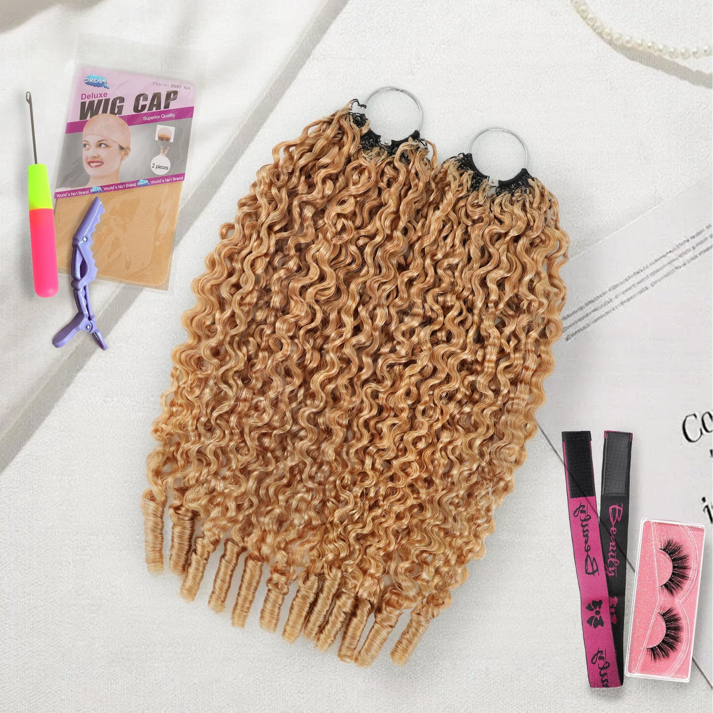 KULYMUWIG Honey Blonde Human Crochet Hair for Black Women 120g Pre-Separated 22 Inch Burmese Curly Crochet Human Hair Bundles 27# Invisible Miracle Knots Feather Crochet Hair Extensions